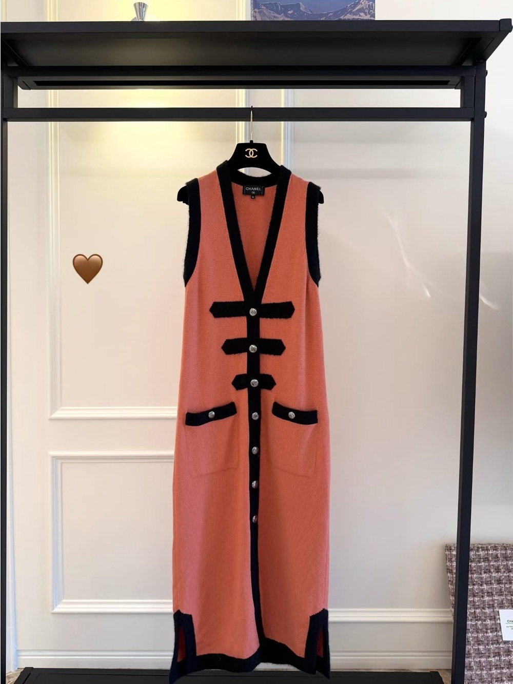CHANEL Coral and Black Sleeveless Knit Midi Dress Vest